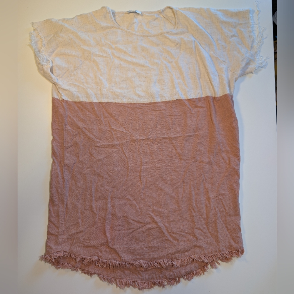 Umgee USA Linen Blend Colorblock Fringe Top Small Mauve Cream Boho Raw Hem